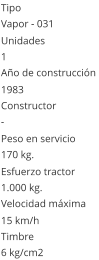 Tipo Vapor - 031  Unidades 1 Año de construcción  1983 Constructor - Peso en servicio  170 kg.  Esfuerzo tractor  1.000 kg.  Velocidad máxima  15 km/h  Timbre 6 kg/cm2