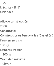 Tipo Eléctrica - B' B'  Unidades 1 Año de construcción  2000 Constructor Construcciones Ferroviarias (Castellón)  Peso en servicio  180 kg.  Esfuerzo tractor  1.500 kg.  Velocidad máxima  15 km/h