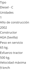 Tipo Diesel - C  Unidades 1 Año de construcción  2002 Constructor AGA (Sevilla)  Peso en servicio  65 kg.  Esfuerzo tractor  500 kg.  Velocidad máxima  9 km/h