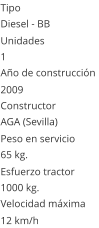 Tipo Diesel - BB  Unidades 1 Año de construcción  2009 Constructor AGA (Sevilla)  Peso en servicio  65 kg.  Esfuerzo tractor  1000 kg.  Velocidad máxima  12 km/h