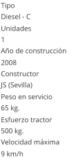 Tipo Diesel - C  Unidades 1 Año de construcción  2008 Constructor JS (Sevilla)  Peso en servicio  65 kg.  Esfuerzo tractor  500 kg.  Velocidad máxima  9 km/h