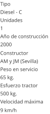 Tipo Diesel - C  Unidades 1 Año de construcción  2000 Constructor AM y JM (Sevilla)  Peso en servicio  65 kg.  Esfuerzo tractor  500 kg.  Velocidad máxima  9 km/h