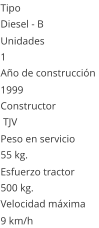 Tipo Diesel - B  Unidades 1 Año de construcción  1999 Constructor  TJV Peso en servicio  55 kg. Esfuerzo tractor  500 kg. Velocidad máxima  9 km/h