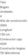 Tipo Bogies Unidades 4 Año de construcción  2004 Longitud 100 cm.  Constructor caja  ASAF Constructor bogies  TJV (Barcelona)