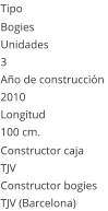 Tipo Bogies Unidades 3 Año de construcción  2010 Longitud 100 cm.  Constructor caja  TJV Constructor bogies   TJV (Barcelona)