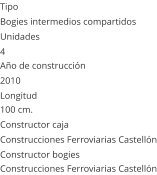 Tipo Bogies intermedios compartidos Unidades 4 Año de construcción  2010 Longitud 100 cm.  Constructor caja  Construcciones Ferroviarias Castellón Constructor bogies  Construcciones Ferroviarias Castellón